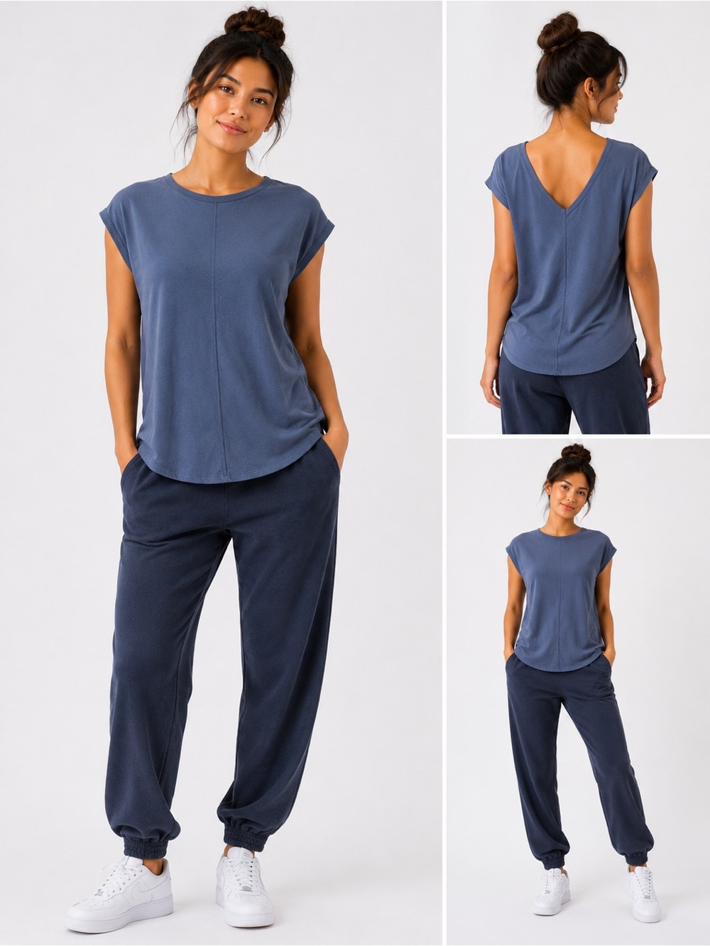 Casual V-Neck Back Tee and Jogger Set in Slate Blue